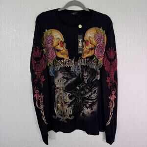 Christian Audigier Thermal Shirt Mens Large Skull Snake Eagle Battle Y2K Tattoo